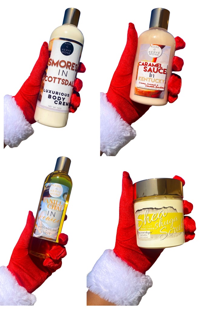 Four bottles held by a person in red gloves and a Santa sleeve, each with different labels and colors.