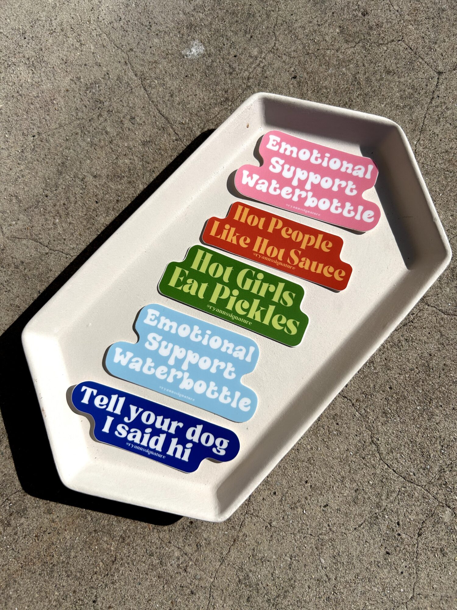 White tray with colorful stickers displaying supportive and humorous messages about emotions, water bottles, and dogs, on a concrete surface.