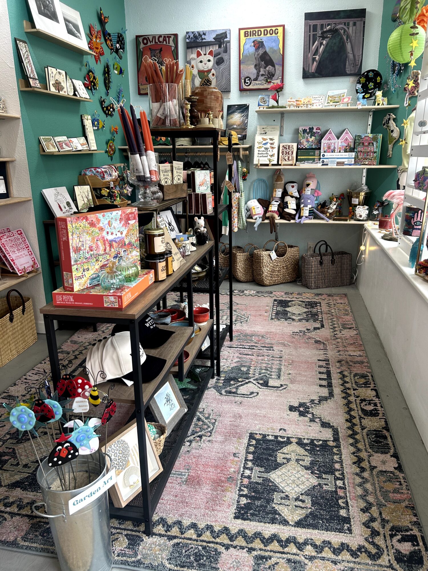 Room with shelves displaying toys, books, and decorations, colorful walls, and a patterned rug on the floor.