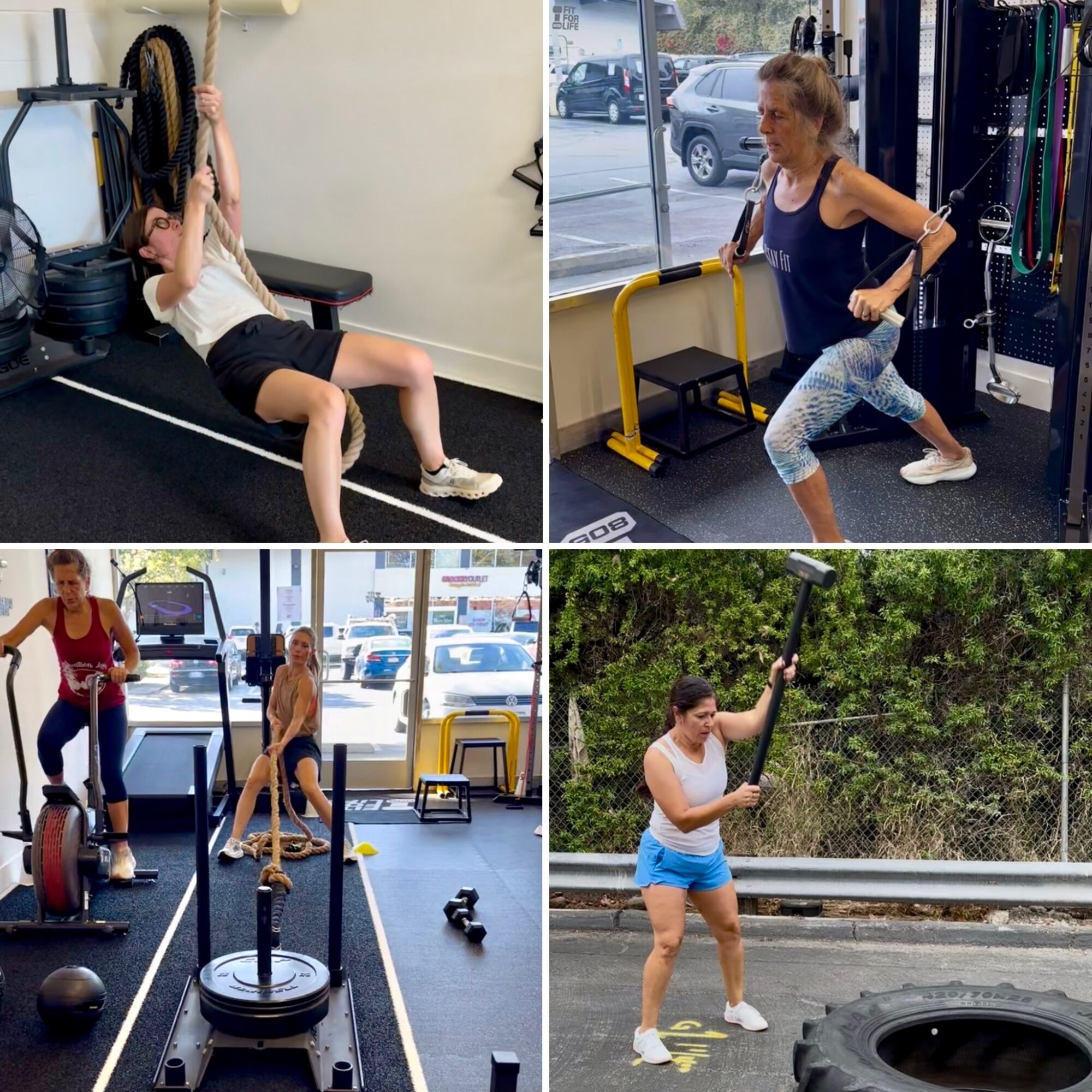 Four women exercising: one lifting legs, one squatting, one using a barbell, and one swinging a kettlebell outdoors.