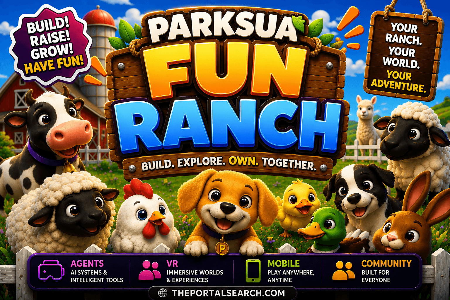 Colorful sign for ParksUla Fun Ranch with cartoon animals and a wooden fence background.