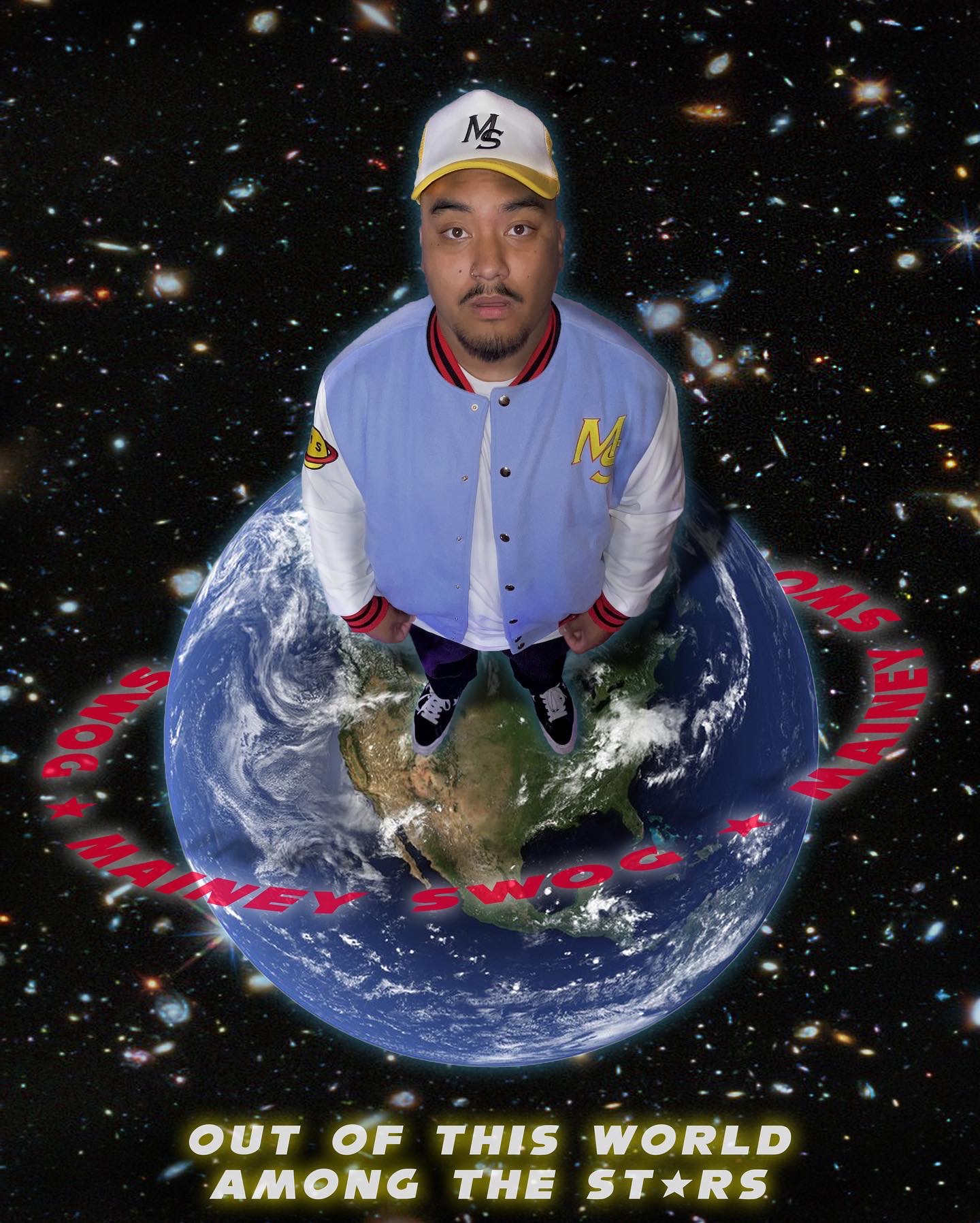 Person with a cap and jacket standing on a small Earth in space with stars, with red and yellow text around the Earth.