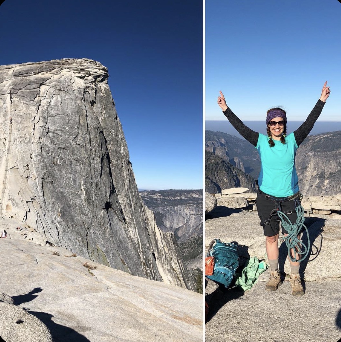 Split image showing a cliff on the left and a woman celebrating outdoors on the right.