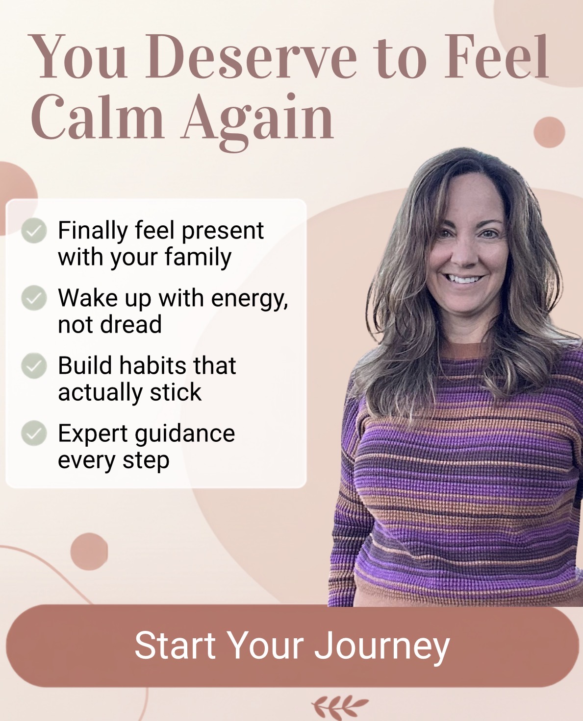Smiling woman with shoulder-length hair wearing a purple striped sweater, promoting calmness and starting a journey to well-being.