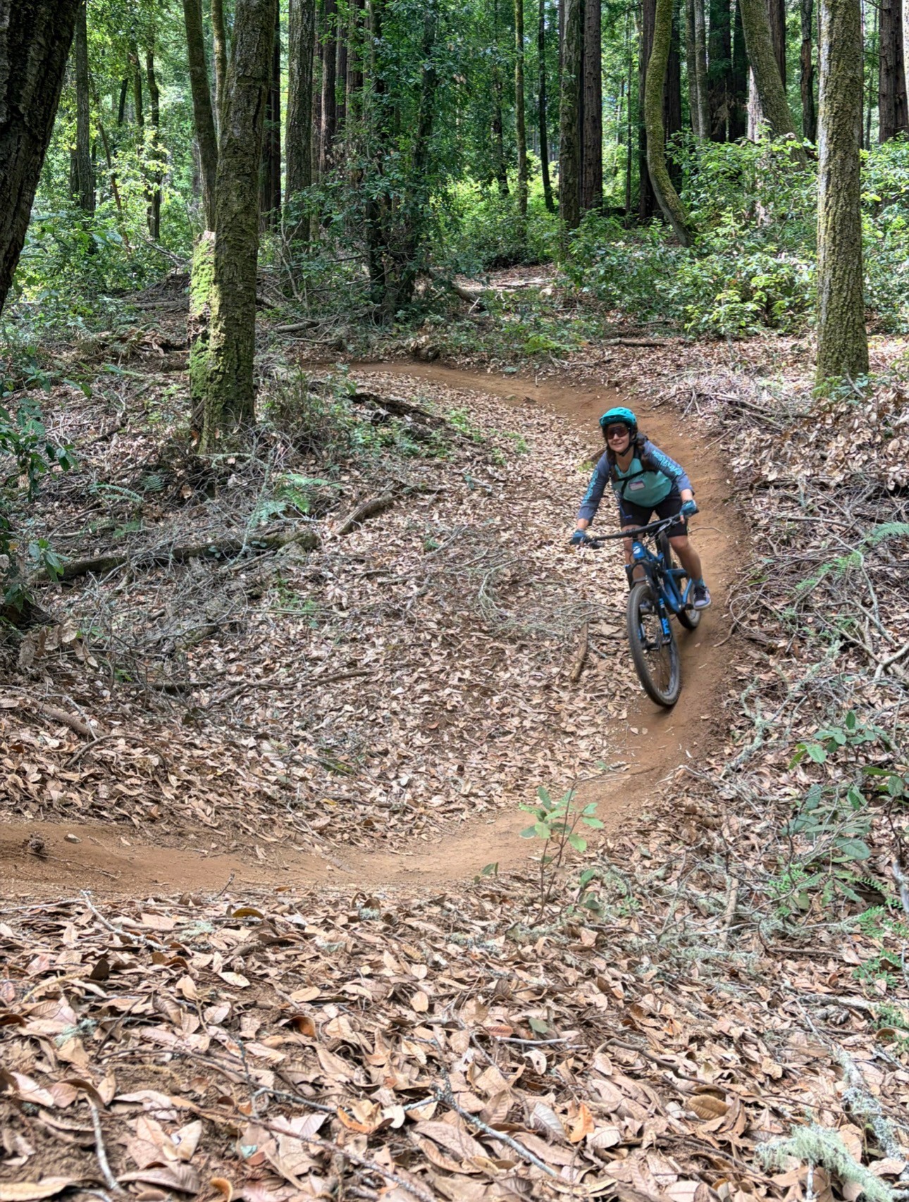 Person riding a mountain bike on a dirt trail through a forest with tall trees and green foliage.