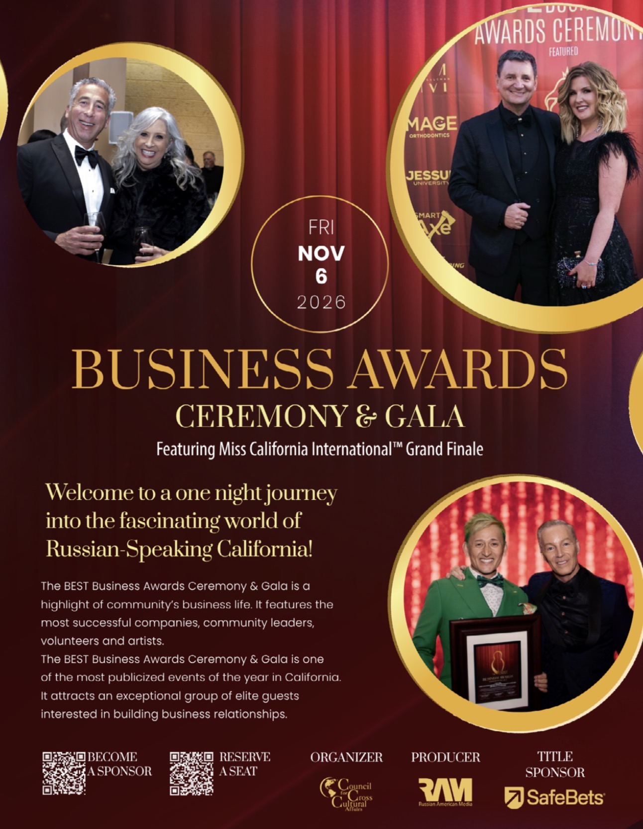 Two photos of people at an awards ceremony with red curtains and gold accents, one with a man and woman, the other with two men, one holding a framed award.