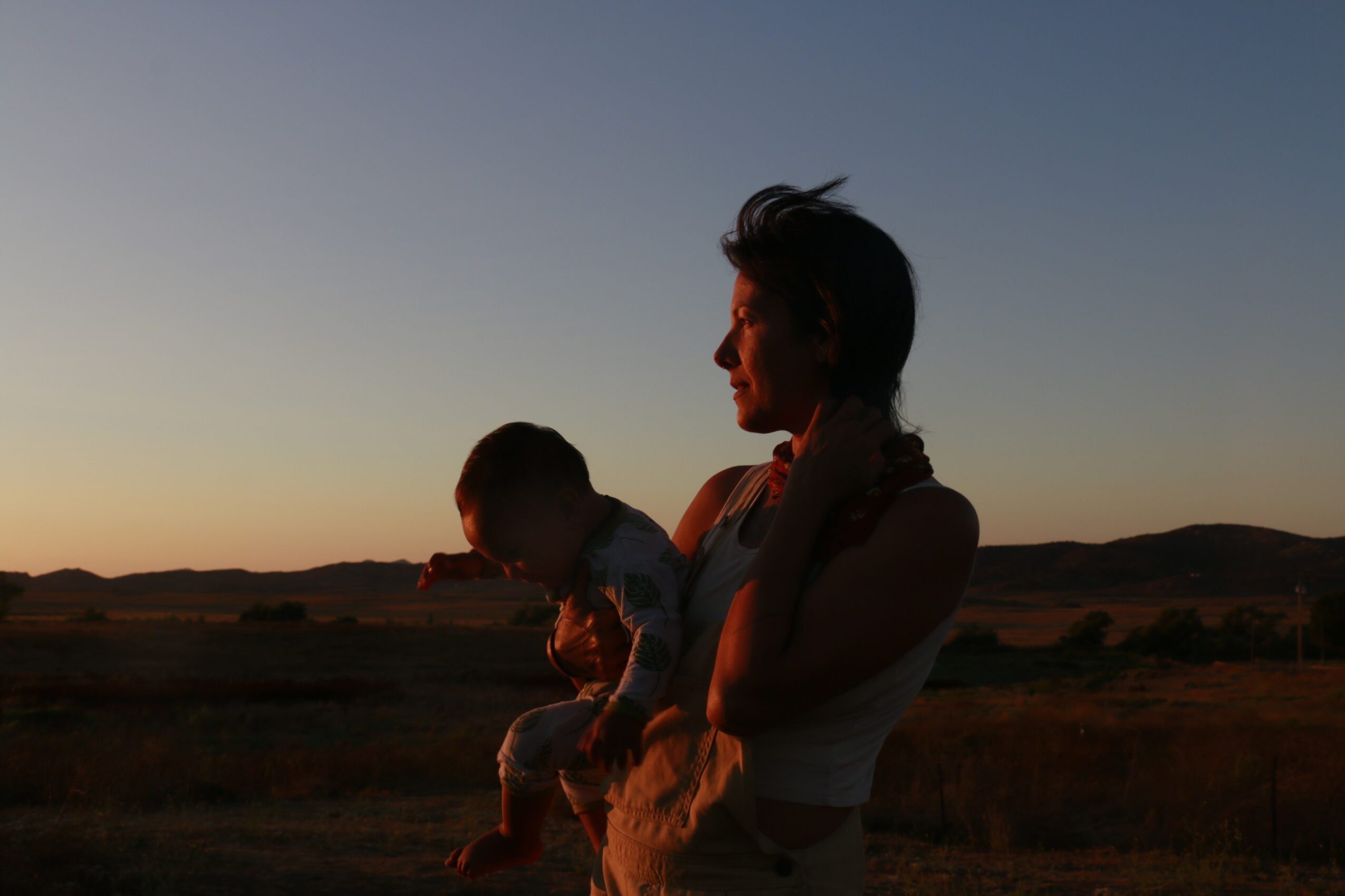 Silhouette of a woman holding a child against a sunset sky with a landscape in the background.