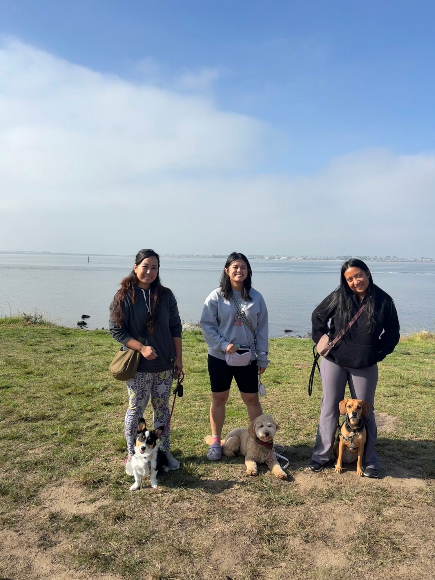 Three women stand outdoors with three dogs near a body of water, under a partly cloudy sky.
