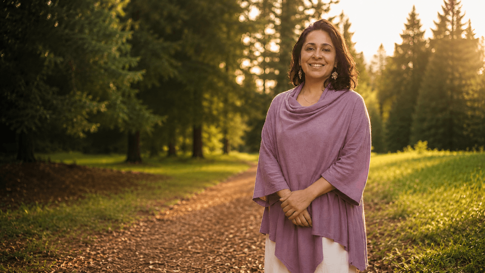 Woman standing outdoors on a dirt path surrounded by trees, smiling, wearing a purple shawl and white dress.