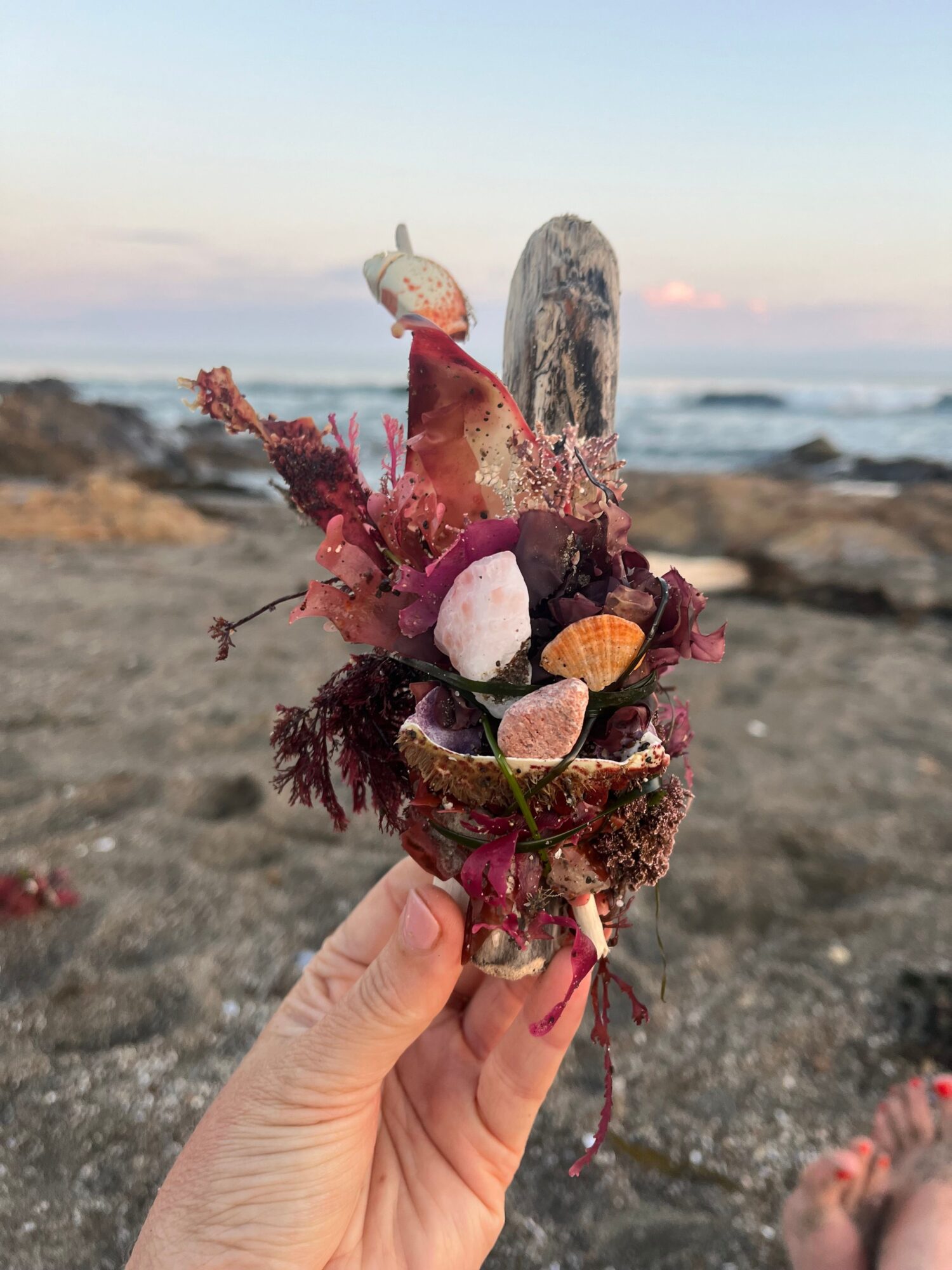 Person holding a small, colorful, textured object on a rocky beach at sunset.