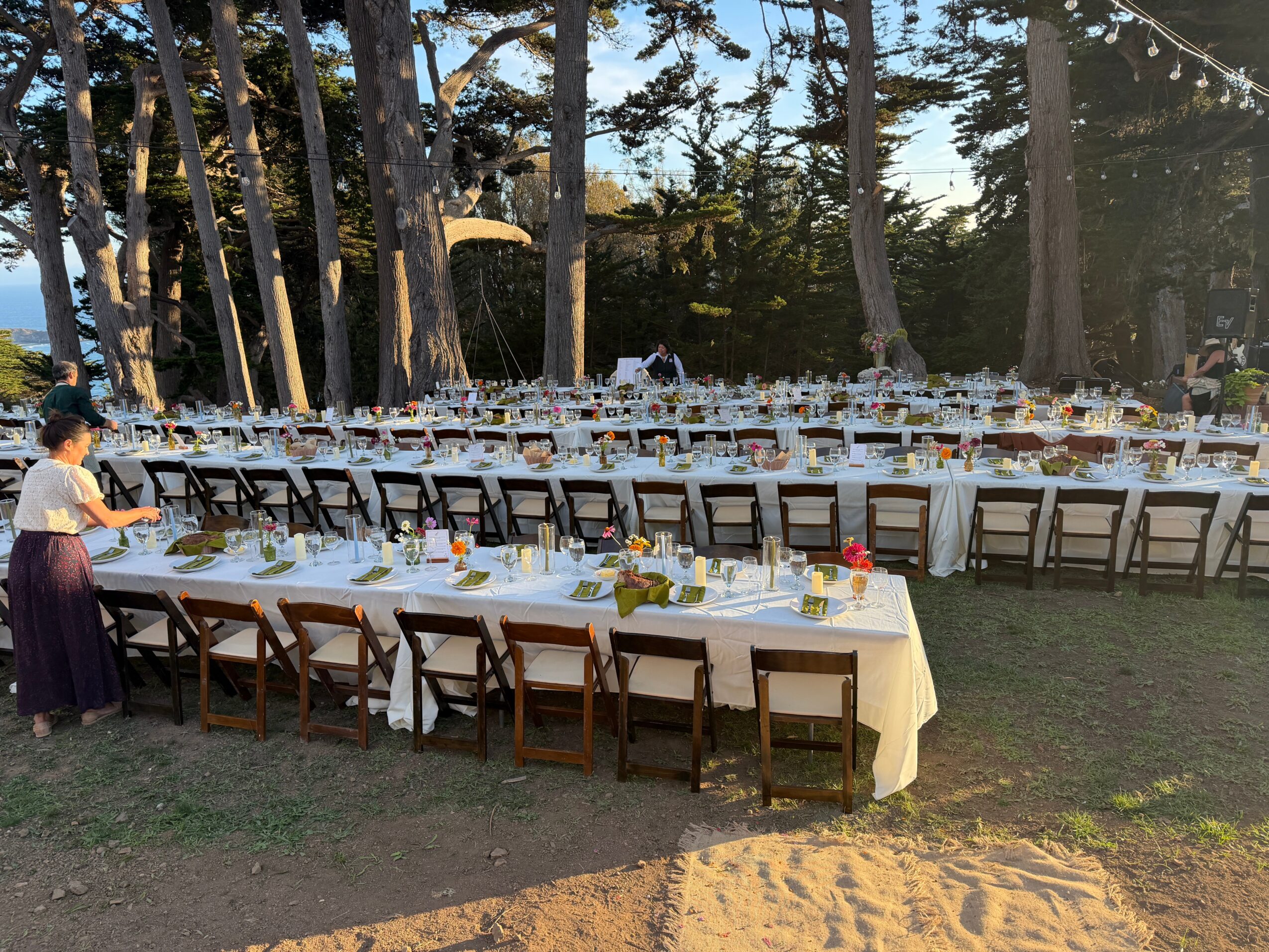 Long outdoor dining table set with white tablecloths, surrounded by chairs, in a wooded area during sunset.
