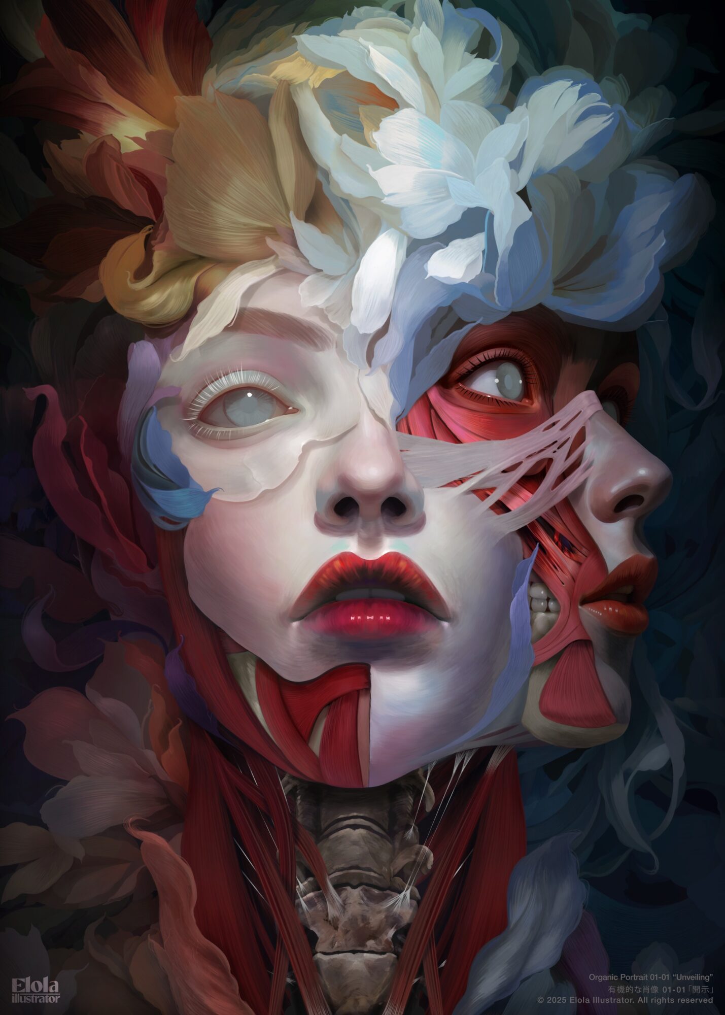 Surreal digital artwork of a face with multiple overlapping features and abstract elements, including flowers and distorted facial parts.
