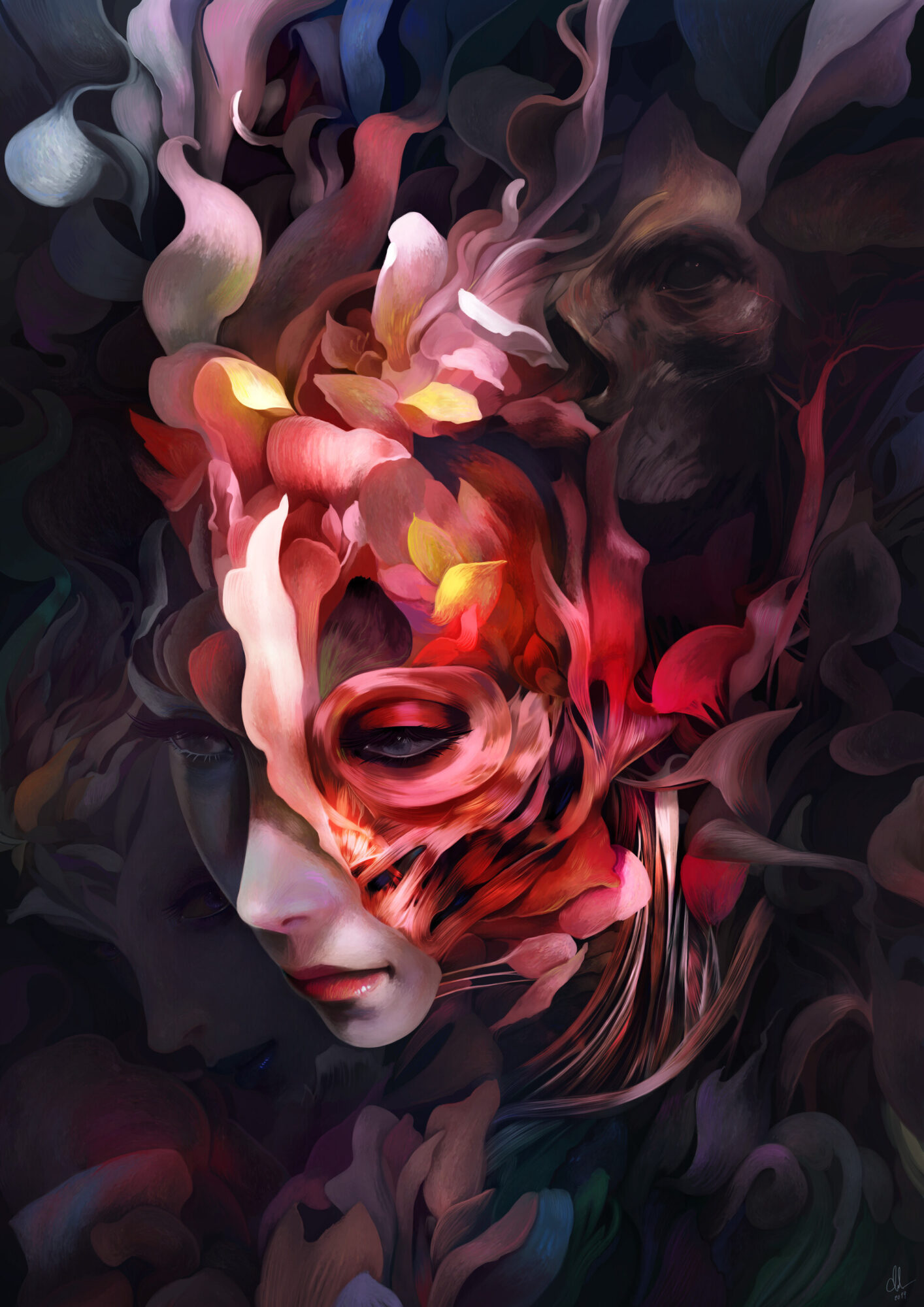 Abstract face with floral and swirling patterns, blending human features with vibrant colors and textures.