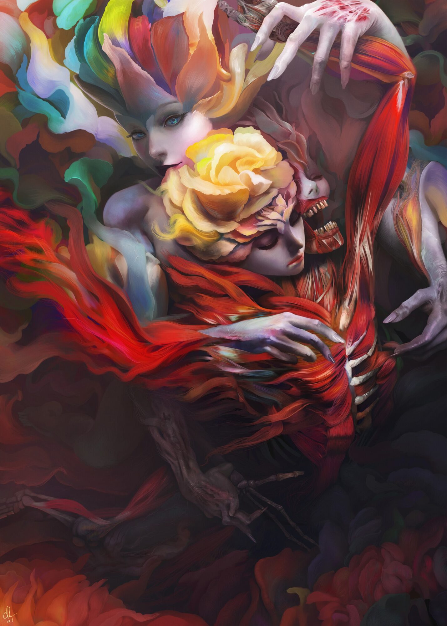 Two fantasy characters with colorful hair and makeup, one holding a yellow flower, surrounded by dark, swirling colors.
