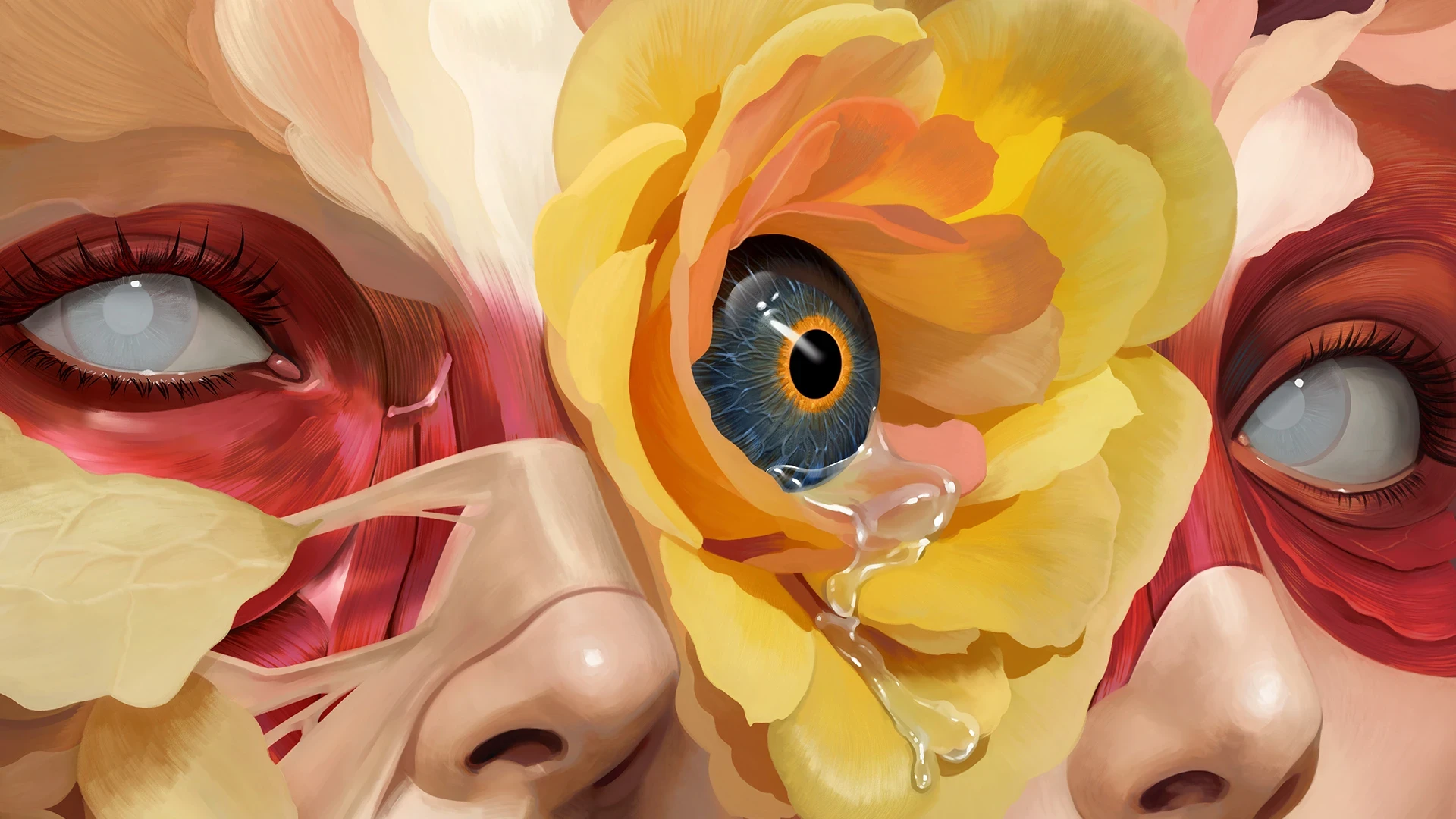 Close-up of two faces with painted skin and a large yellow flower between them, one eye visible with a blue ring, other eye closed.