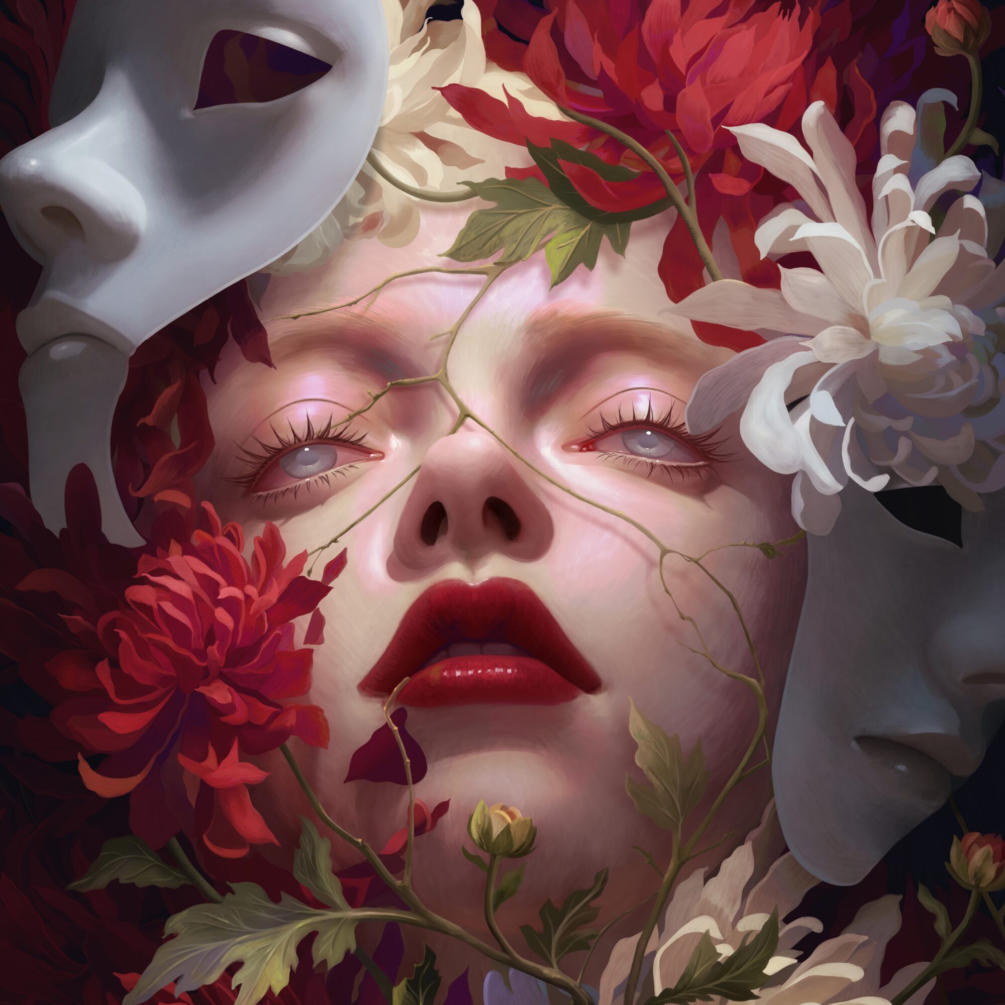 Close-up of a woman's face surrounded by flowers and masks, with her eyes closed and lips slightly parted.