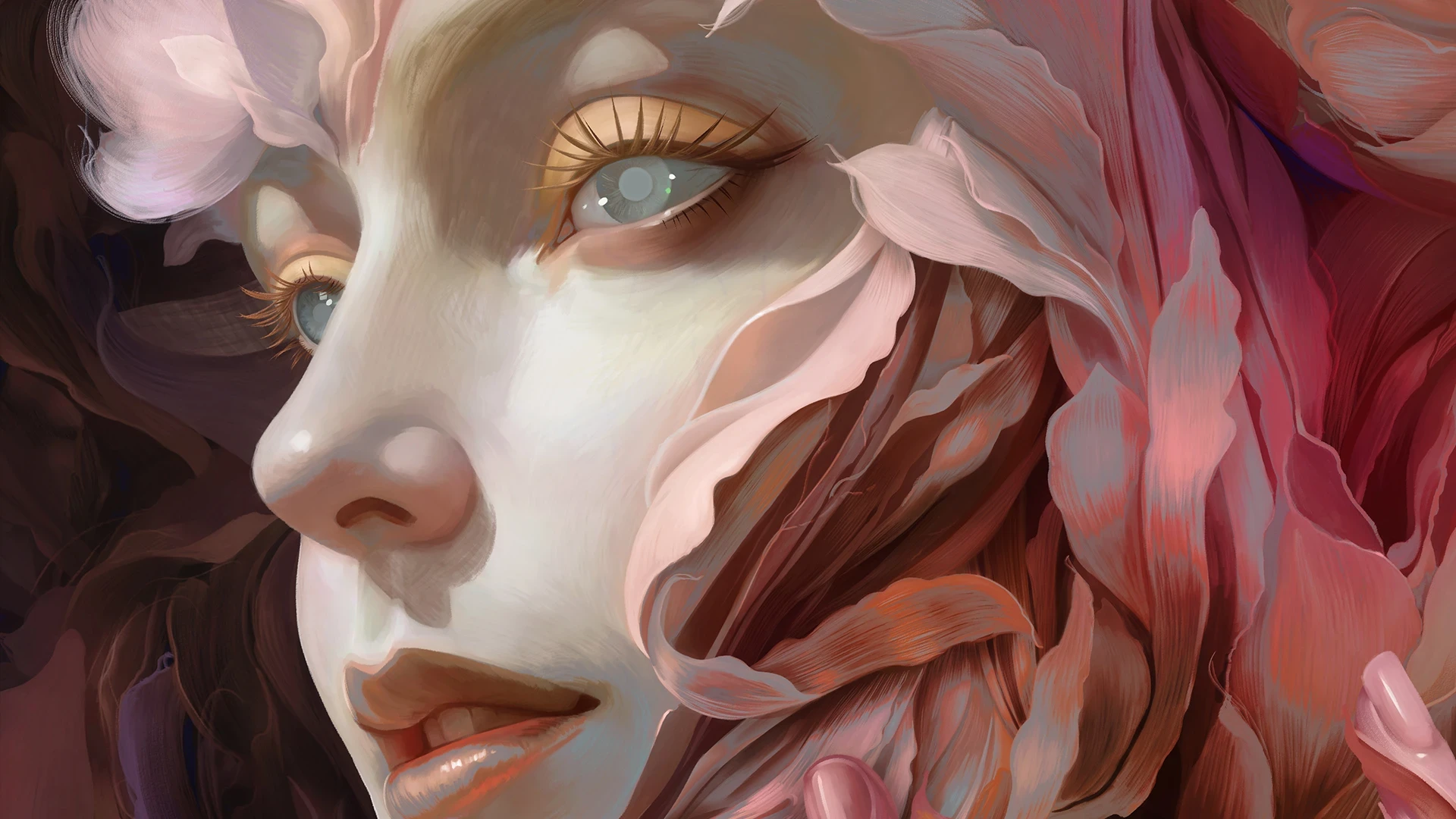 Close-up of a woman's face with flowing pink and brown hair, detailed skin, and light-colored eyes.