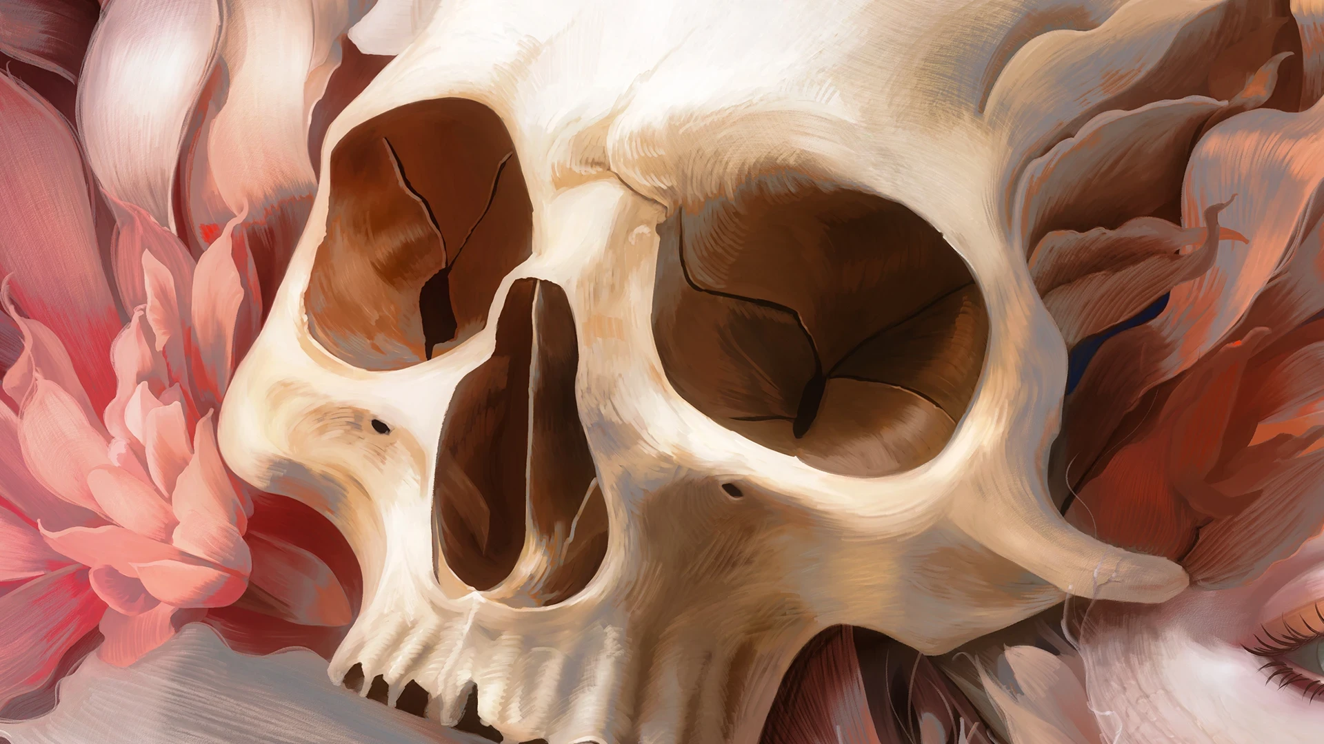 A human skull surrounded by pink and brown flowers, detailed and realistic, with shadows and highlights.