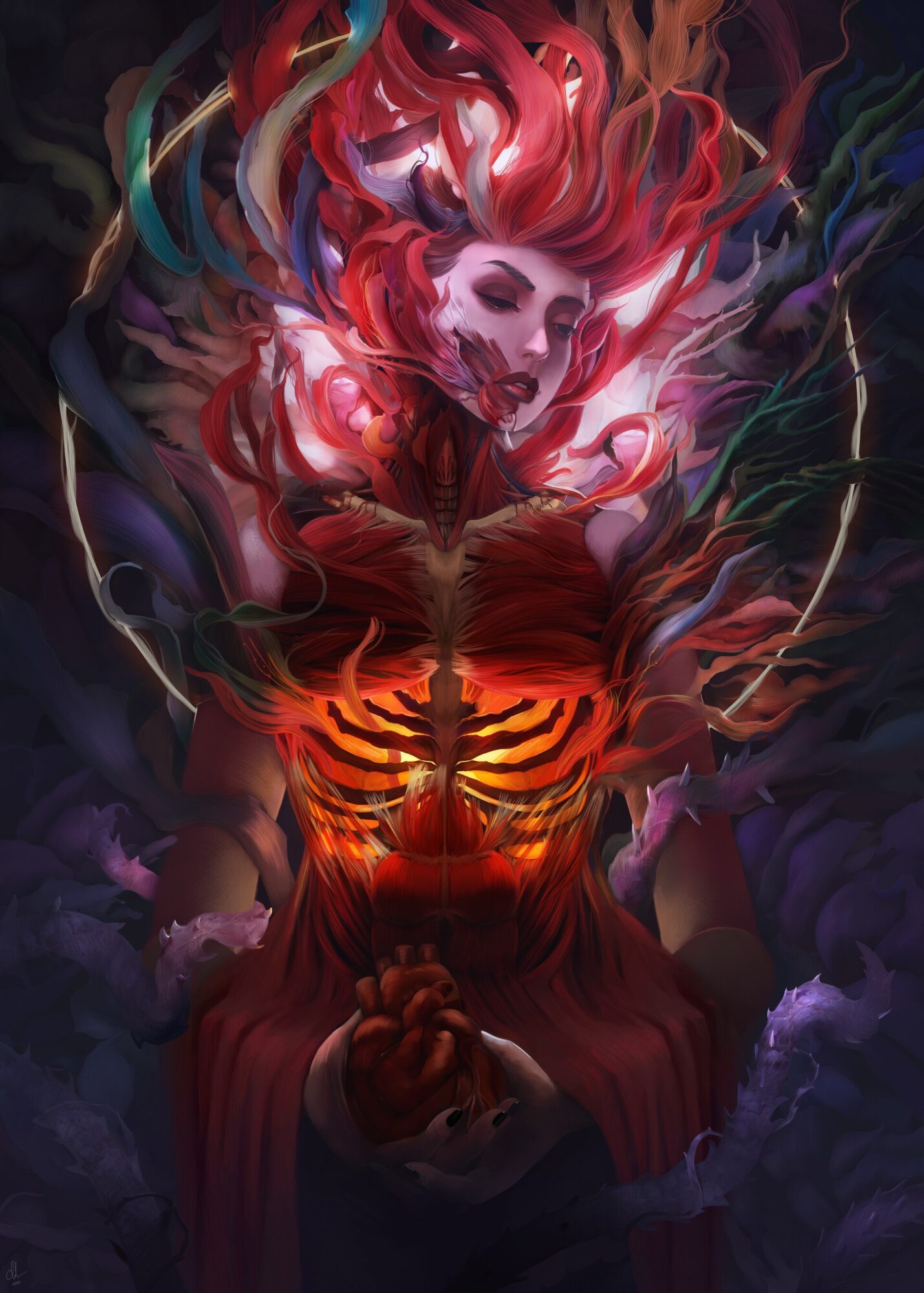 A surreal, colorful illustration of a woman with flowing hair, surrounded by vibrant, swirling colors and abstract elements.