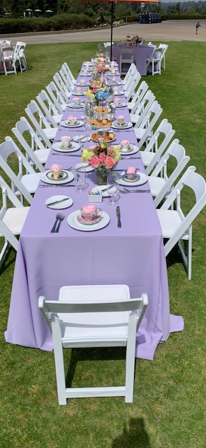 Long outdoor table set with purple tablecloth, pink flowers, and place settings on green grass.