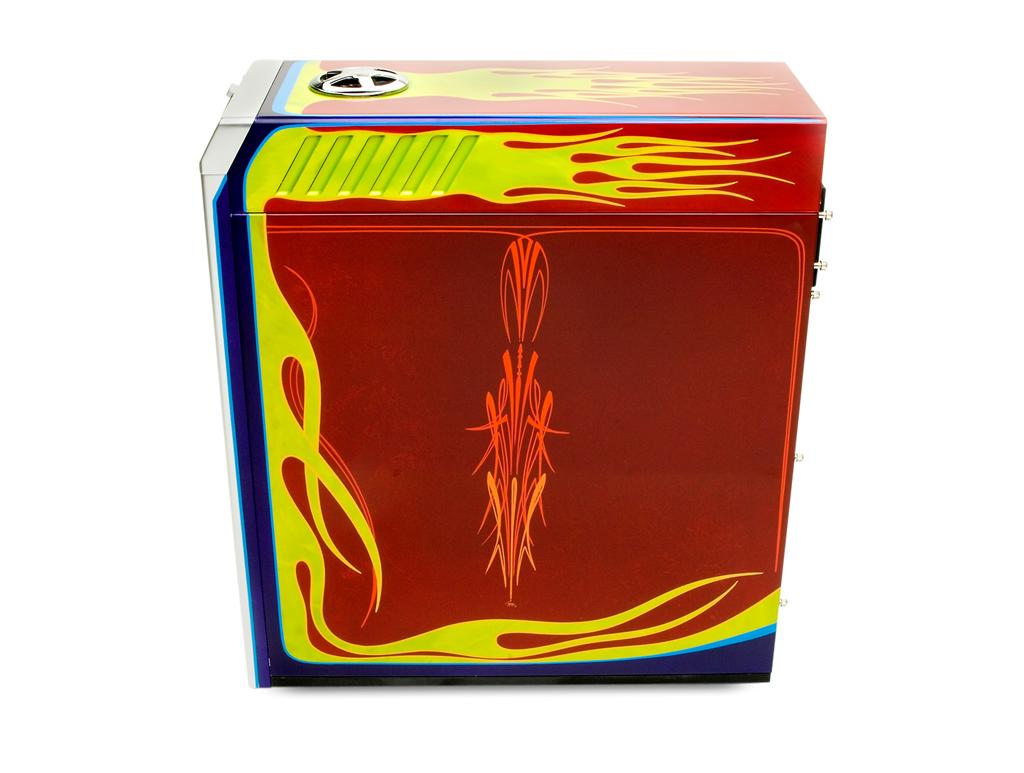 Colorful box with flames and abstract designs, viewed from the side, with a partially visible top. Word 'fire' appears on the side.