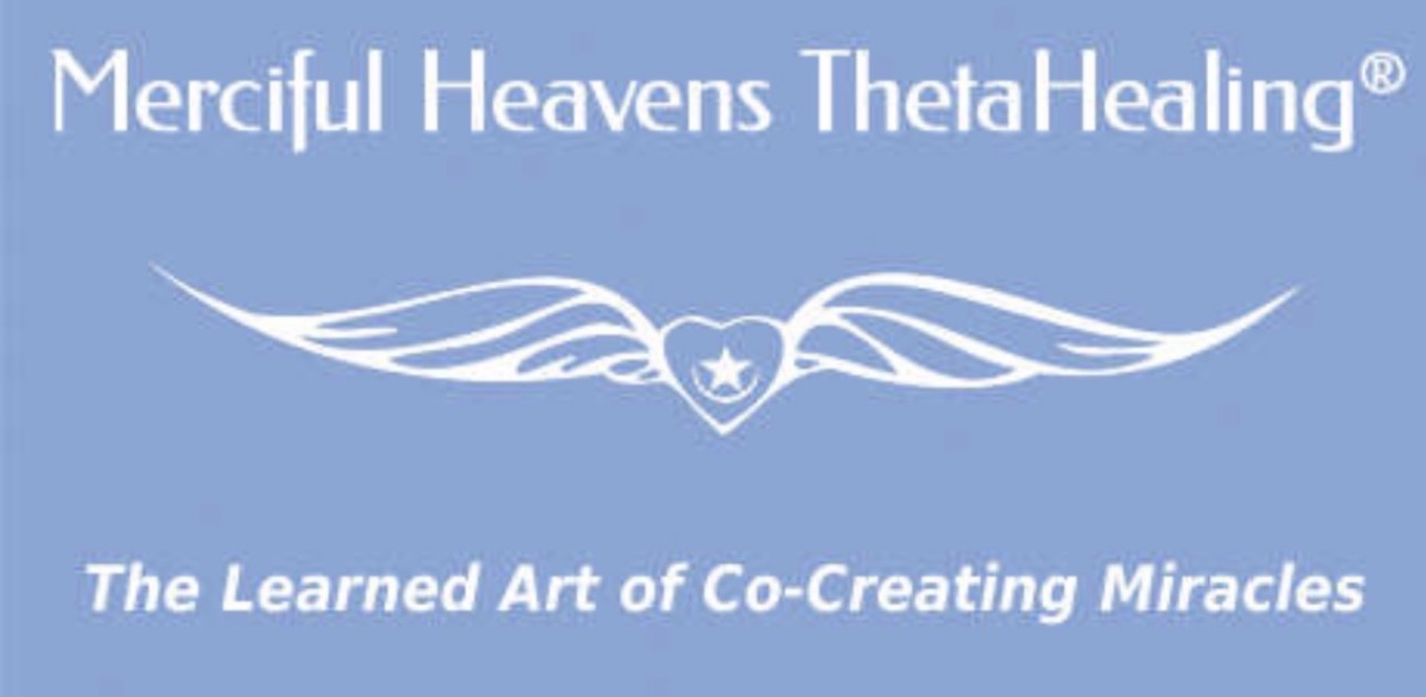 Blue background with white text and a winged heart logo, promoting co-creating miracles.