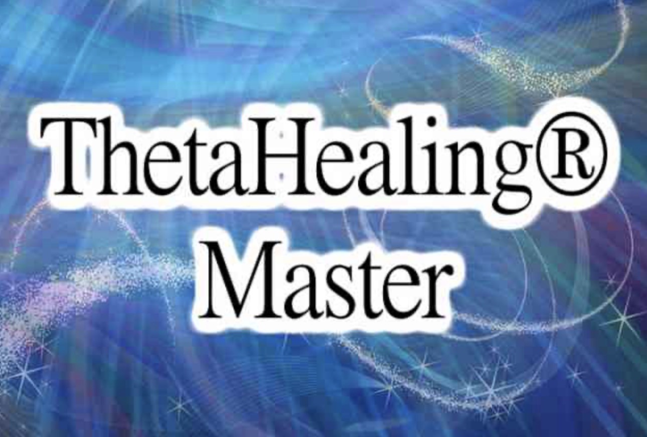 Text reads 'ThetaHealing® Master' on a colorful, abstract background with blue, purple, and white swirls.