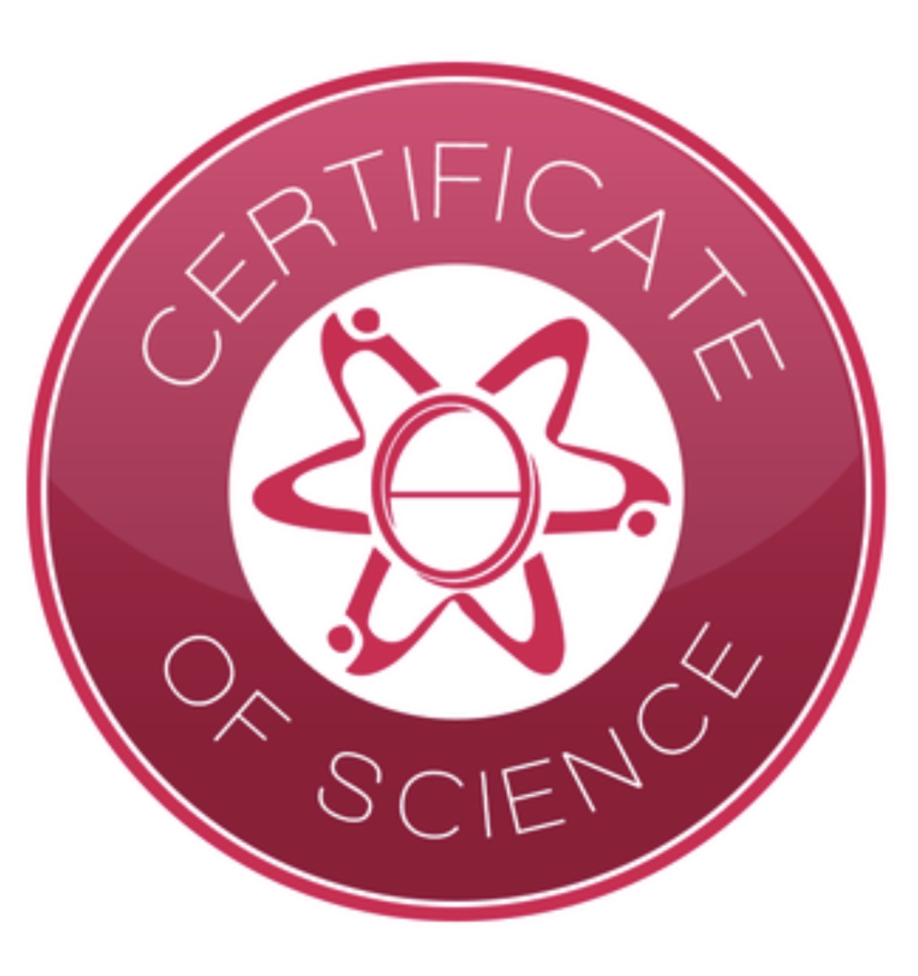 Pink circular badge with a stylized atom and the words 'Certificate of Science' around it.