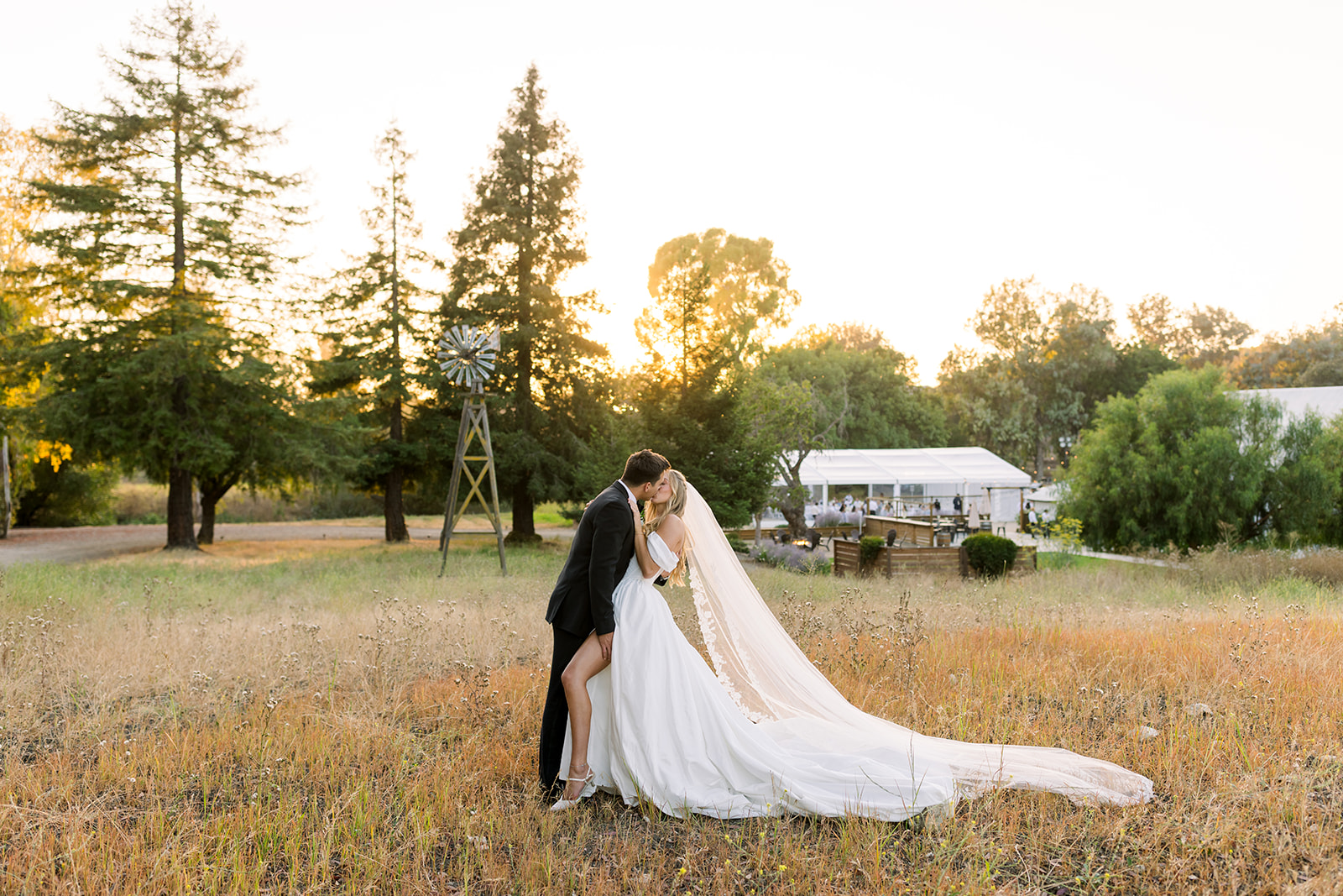 A bride and groom kiss in a field with trees and a windmill in the background during sunset.
