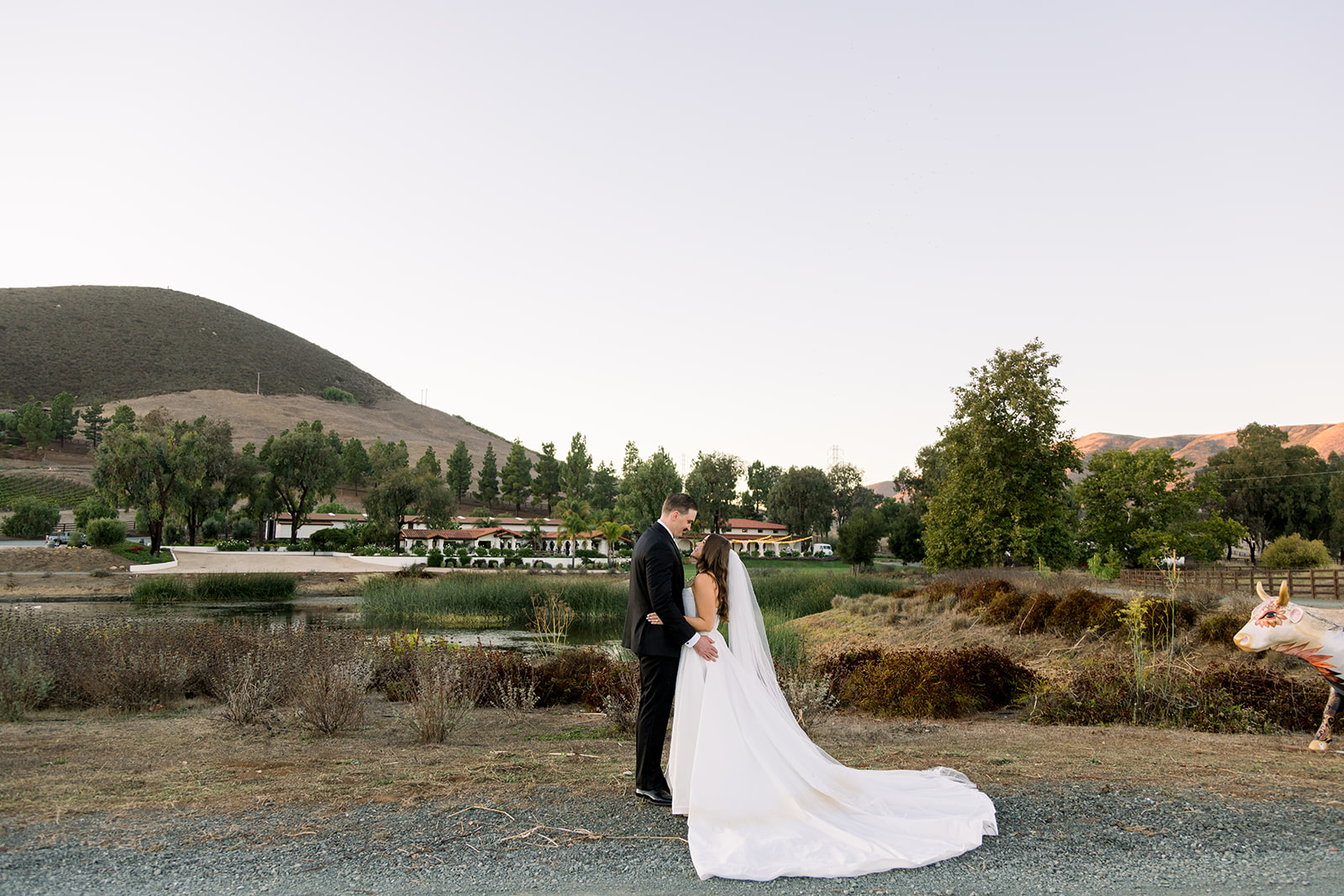 A bride and groom stand outdoors near a lake, with trees and hills in the background, during daytime.