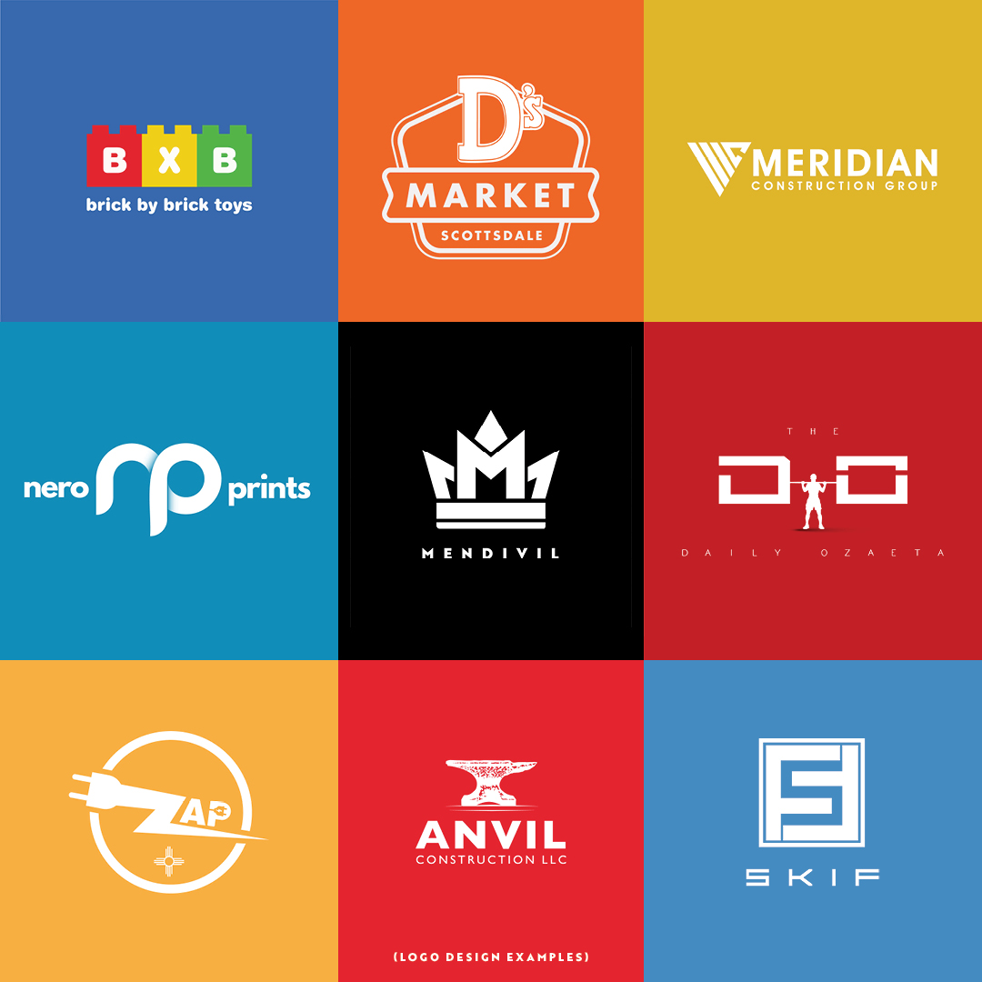 Grid of nine logos with various colors and designs, including toys, construction, and printing companies.
