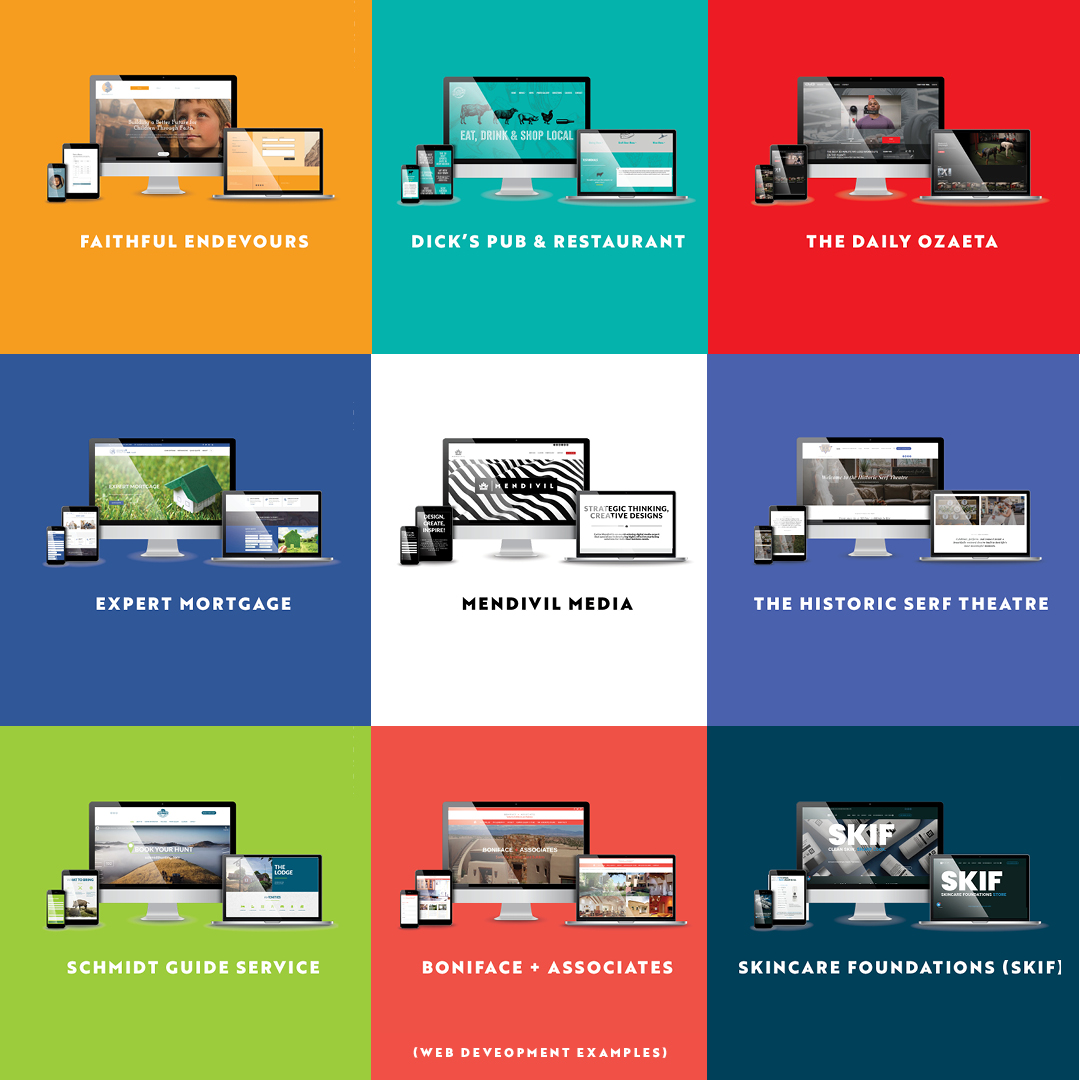 Grid of nine colorful panels with various business names and images of screens and devices, arranged in three rows and three columns.
