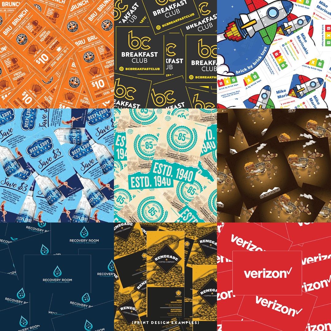 Collage of various colorful patterned and graphic designs, including logos, text, and illustrations, with no specific focal point.