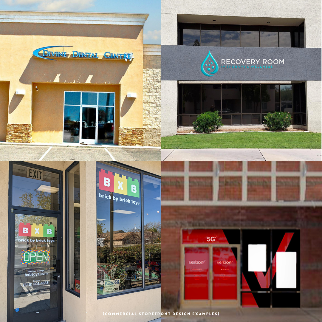Three storefronts: a building with a blue sign, a recovery room with a water droplet logo, and a brick wall with red vending machines.