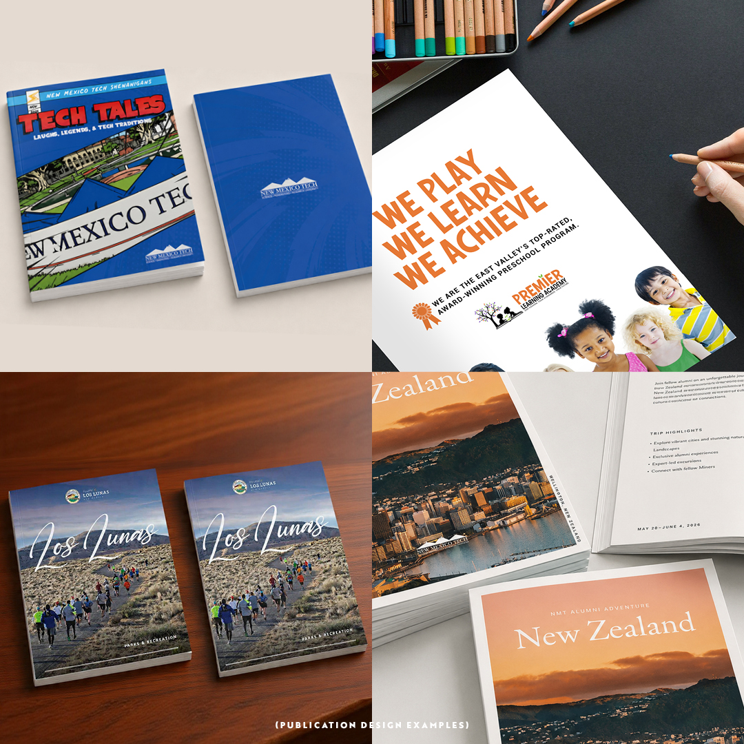 Collection of educational and travel books, including a magazine, notebooks, and brochures on New Zealand and other topics.