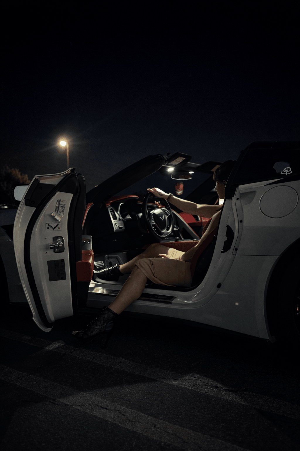 Person sitting in a car at night, with the driver's door open, illuminated by interior lights, dark sky background.