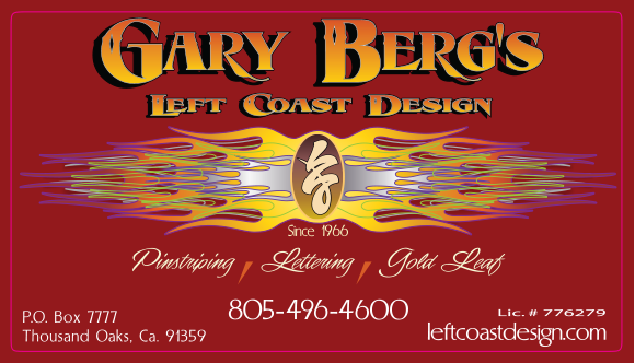 Gary Berg's Left Coast Design logo with text and decorative elements on a red background.