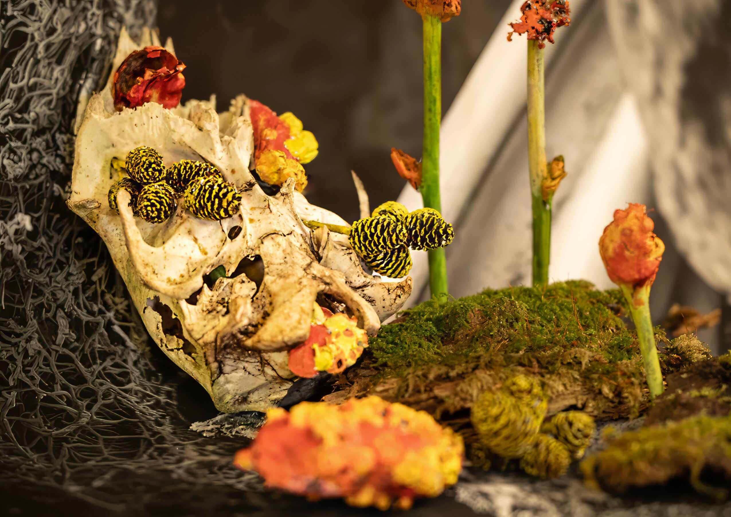 A skull with moss, flowers, and caterpillars on and around it, with a blurred background.