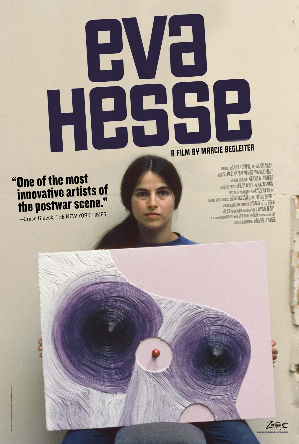 Poster with a woman and abstract purple and white artwork, text about a film, and a quote about an artist.