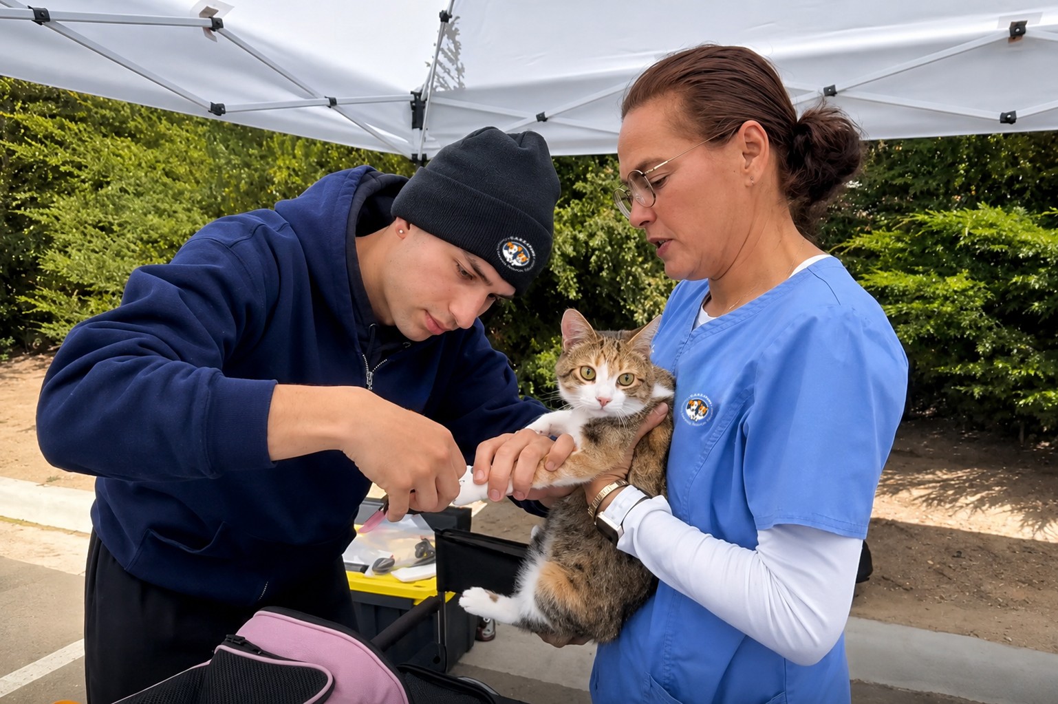 A woman in scrubs holds a cat while a young man in a hoodie and beanie interacts with it under a canopy outdoors.