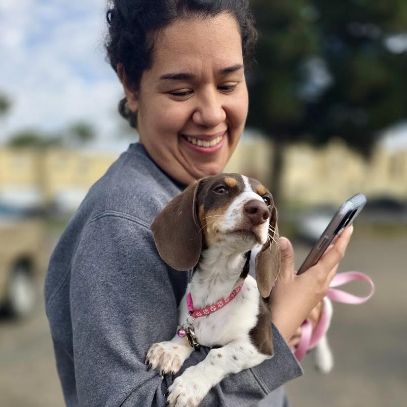 Person smiling at a dog while looking at a phone outdoors, with trees and sky in background.