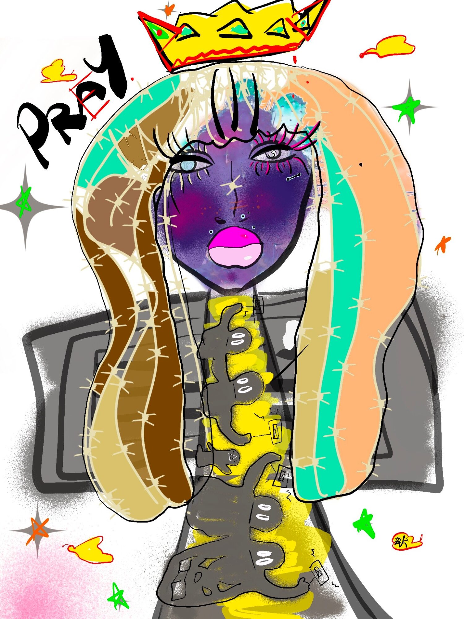 Cartoon character with long, multicolored hair, wearing a crown, holding a phone, with sparkles and colorful stars around.