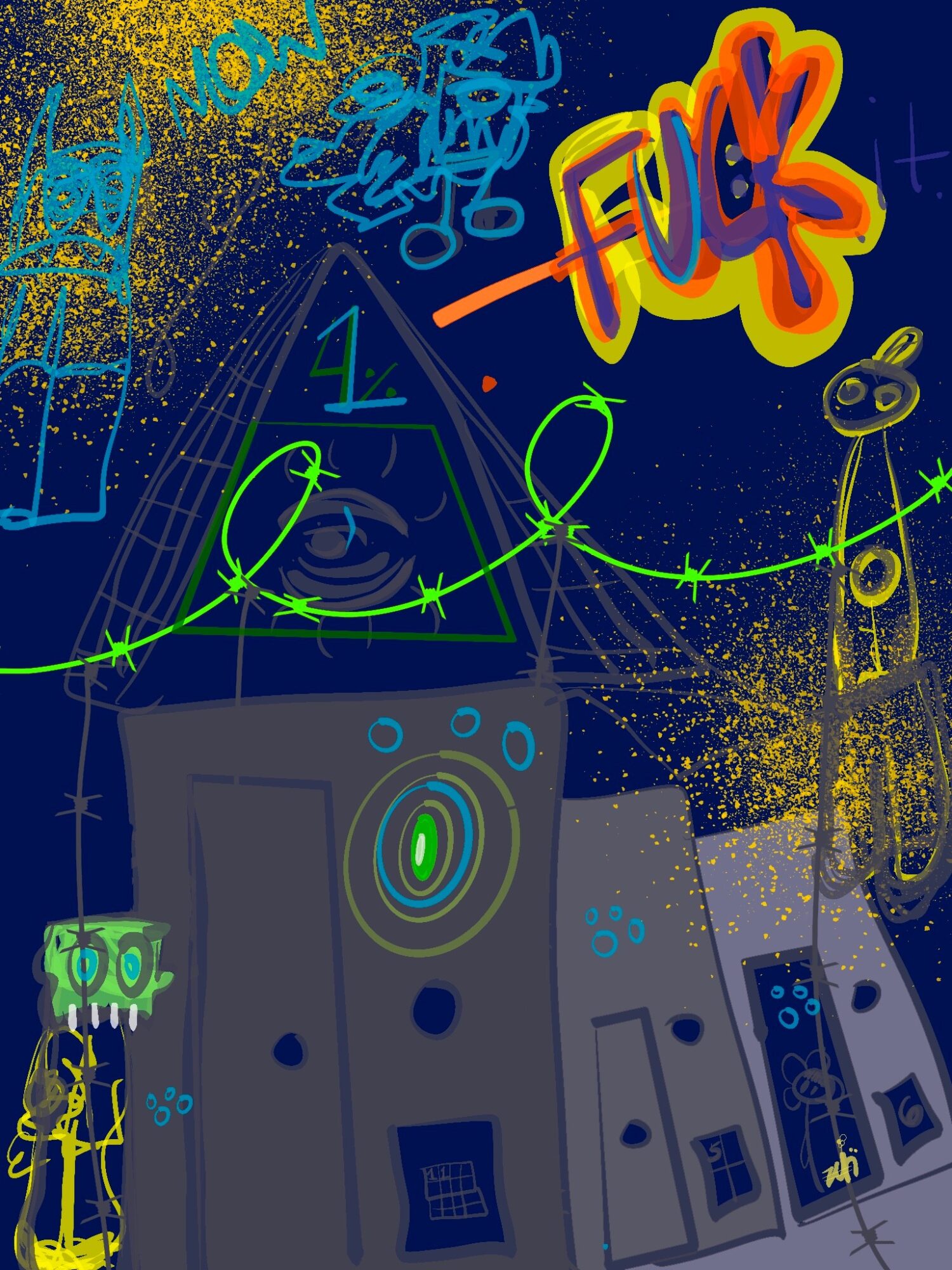 Colorful graffiti with a triangle, smiley face, and speakers on a dark background, with neon-like elements and spray paint effects.