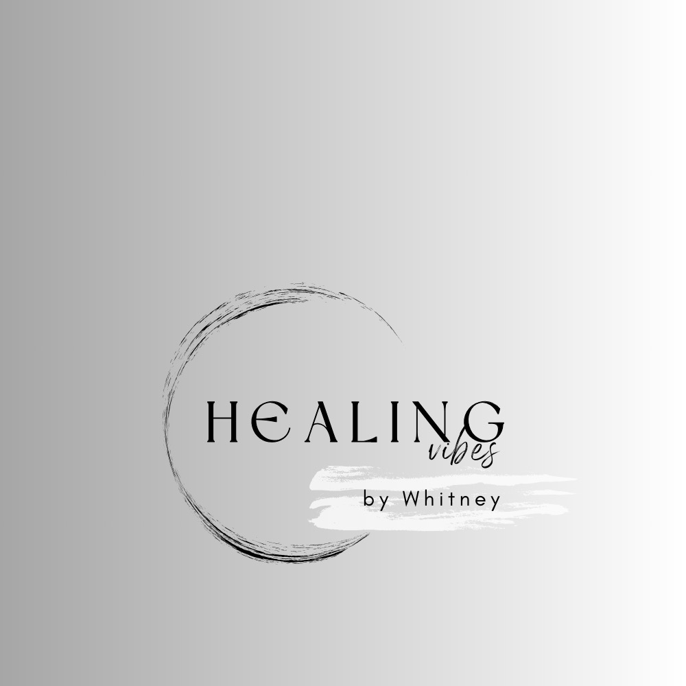Text reading 'Healing vibes by Whitney' with a circular brushstroke design, on a light gray background.