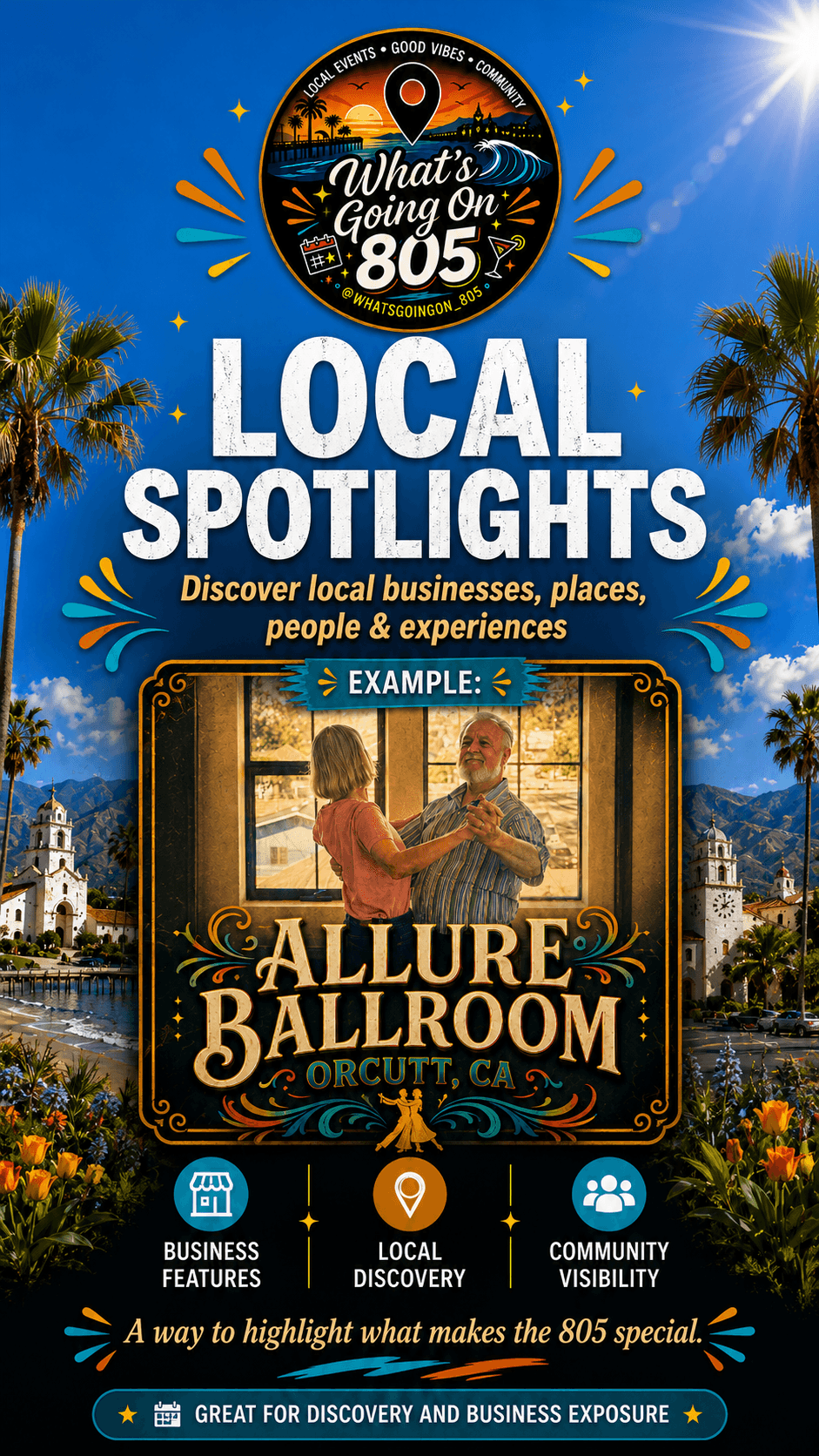 Poster promoting local business highlights, featuring a ballroom event, palm trees, and a cityscape background.