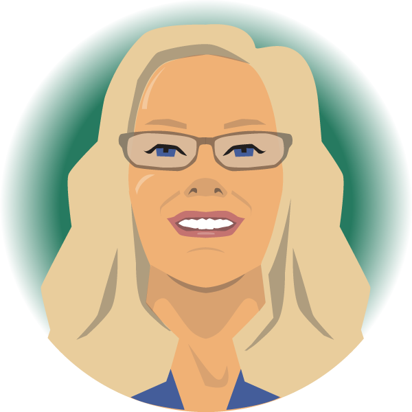 Illustration of a woman with blonde hair, glasses, smiling, against a dark green background.