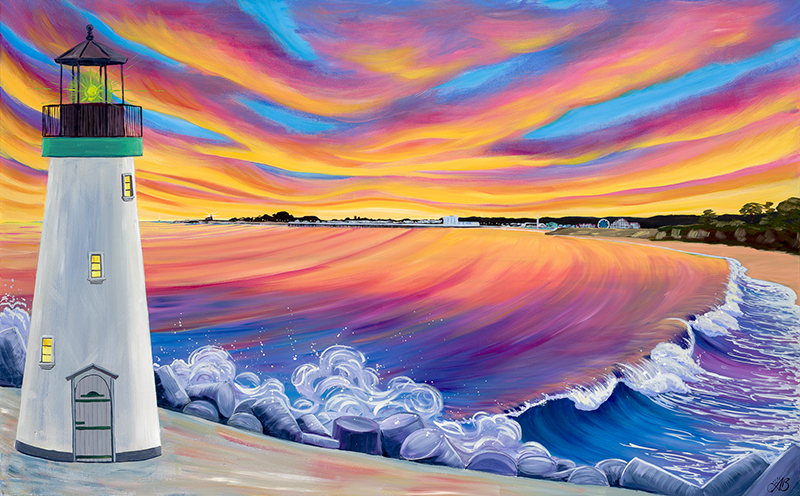 Lighthouse near water with colorful sunset sky and waves, landscape in the background, vibrant colors, and a calm scene.