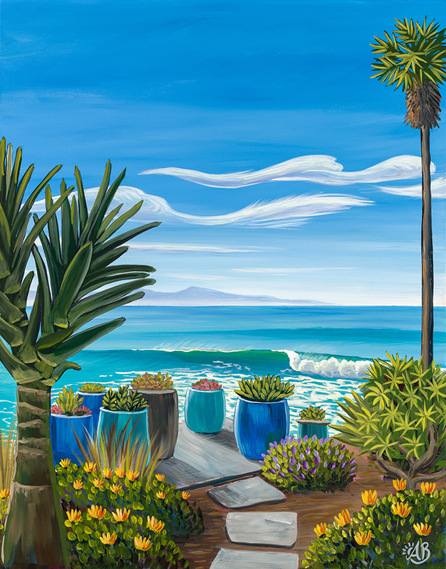 Seaside scene with plants, colorful pots, and a view of the ocean and sky, with clouds and a palm tree on the right.