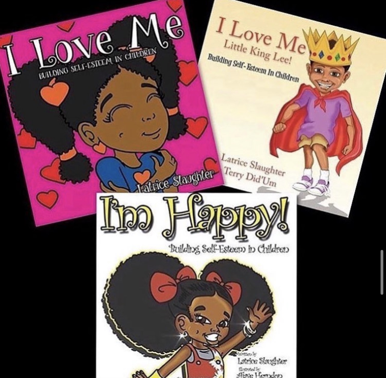 Three children's book covers featuring smiling girls with different hairstyles and outfits, colorful backgrounds, and titles about love and happiness.
