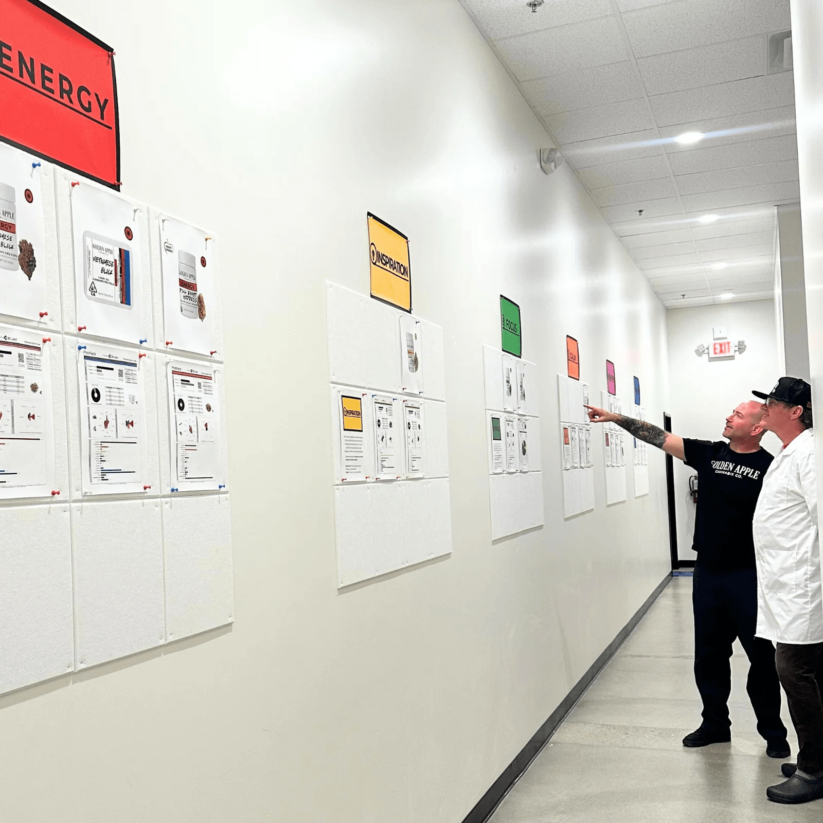 Two people in a hallway looking at safety and informational posters on the wall, with a red energy sign above.